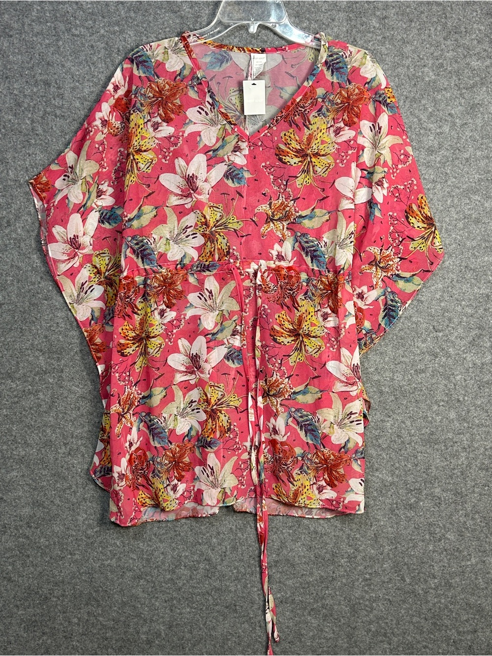 West Loop OS Coral Floral V-Neck Tie Waist Swimsuit Cover-Up Beach Pool New